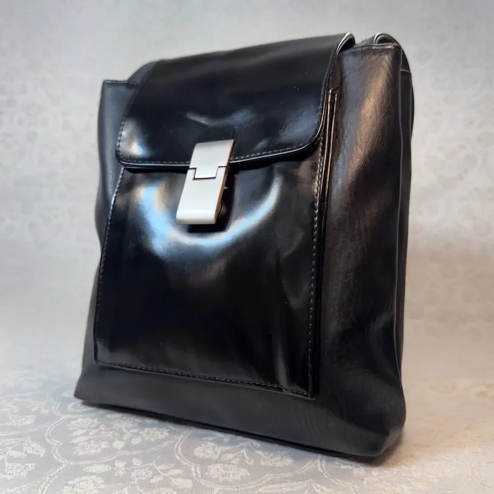 Faux Leather Sleek Black Shoulder Bag Silver Hardware